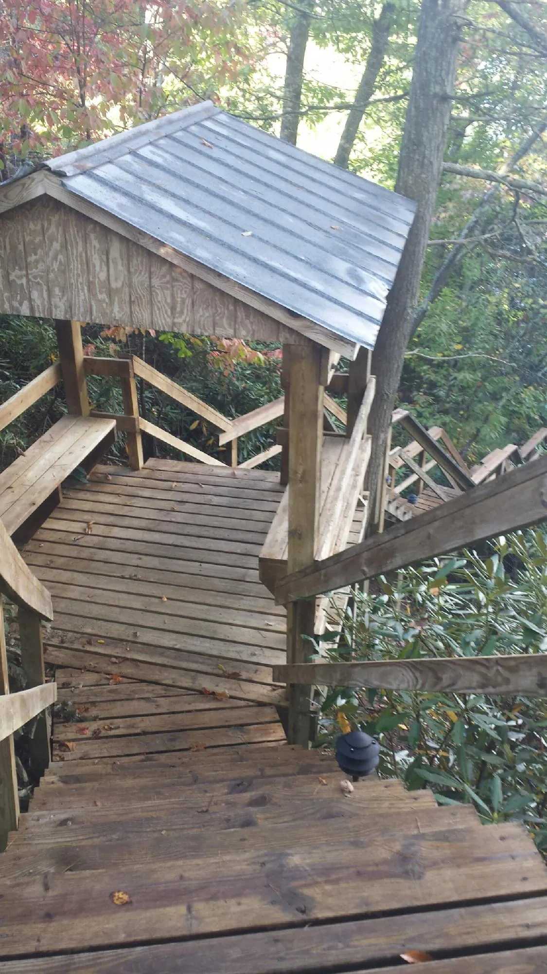 Metal roofed shelter over wooden steps on a wooded walkway — Skylight Repair & Installation work by our crew in Bethune